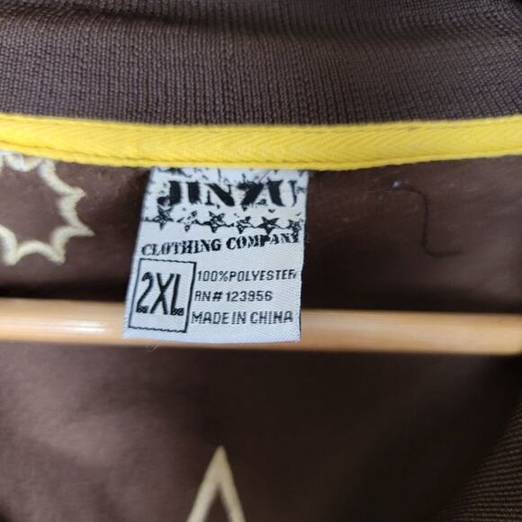 Jinzu Mens Y2K Birds Key Graphic Art Embroidered Bomber Jacket size XL Brown AOP - Picture 12 of 13